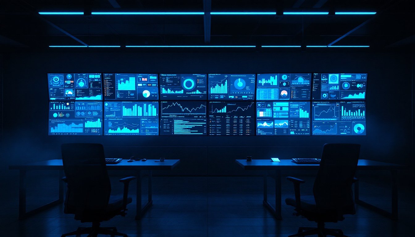 A dark security operations center: a wide wall of monitors glowing blue with defocused dashboards behind two empty workstations.